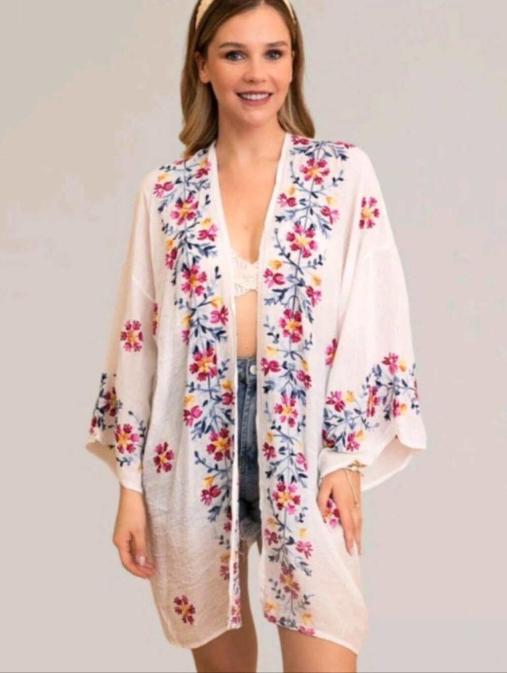 0818 Embroidered Open-Front Kimono Duster - White with Pink & Blue Floral